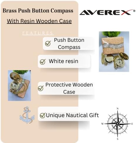 פליז מוצק של Averex כיוון כפתור מגנטי מצפן סגנון וינטג 'מתנה ימי עם כיסוי מארז עץ מגן חדש